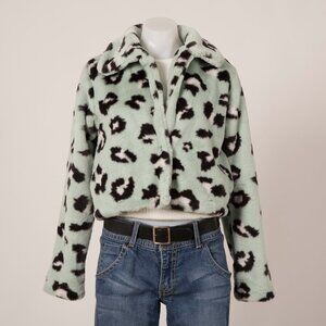 Leche Mint Leopard Faux Fur Cropped Jacket